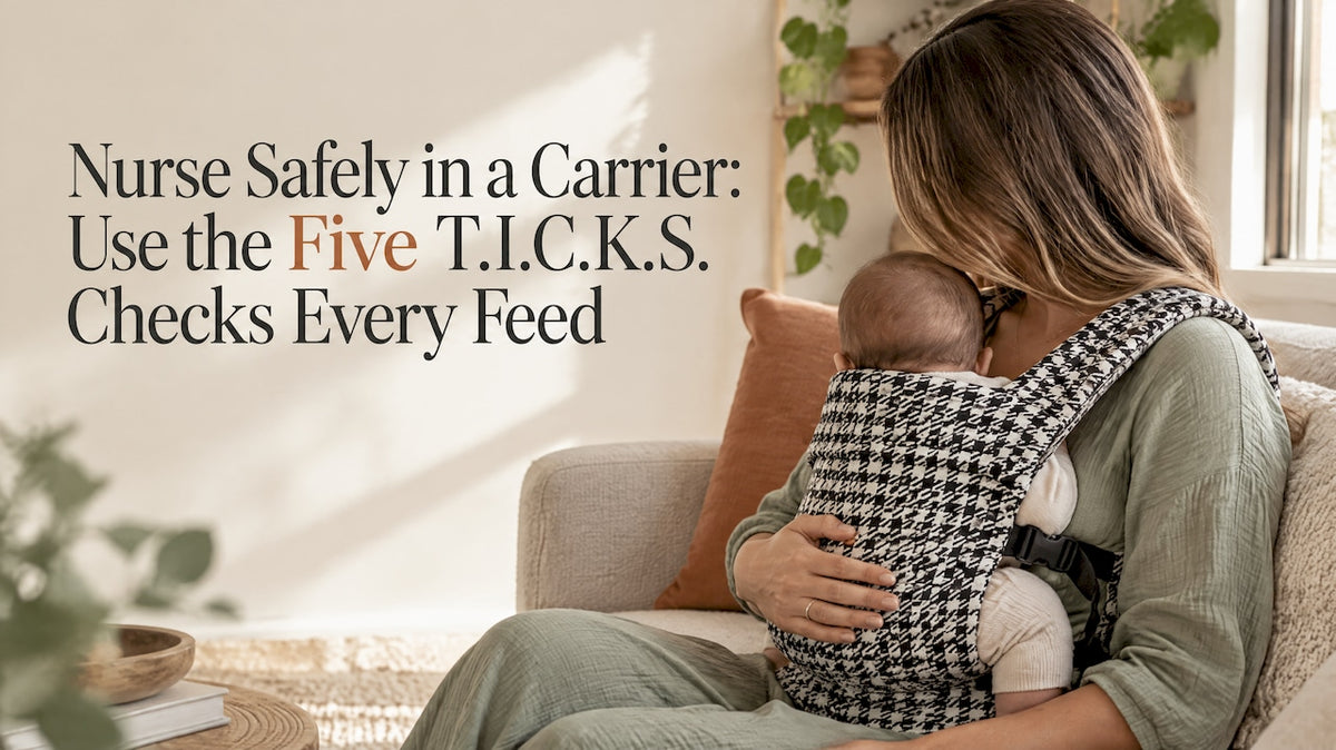 Caregiver nursing baby safely in carrier