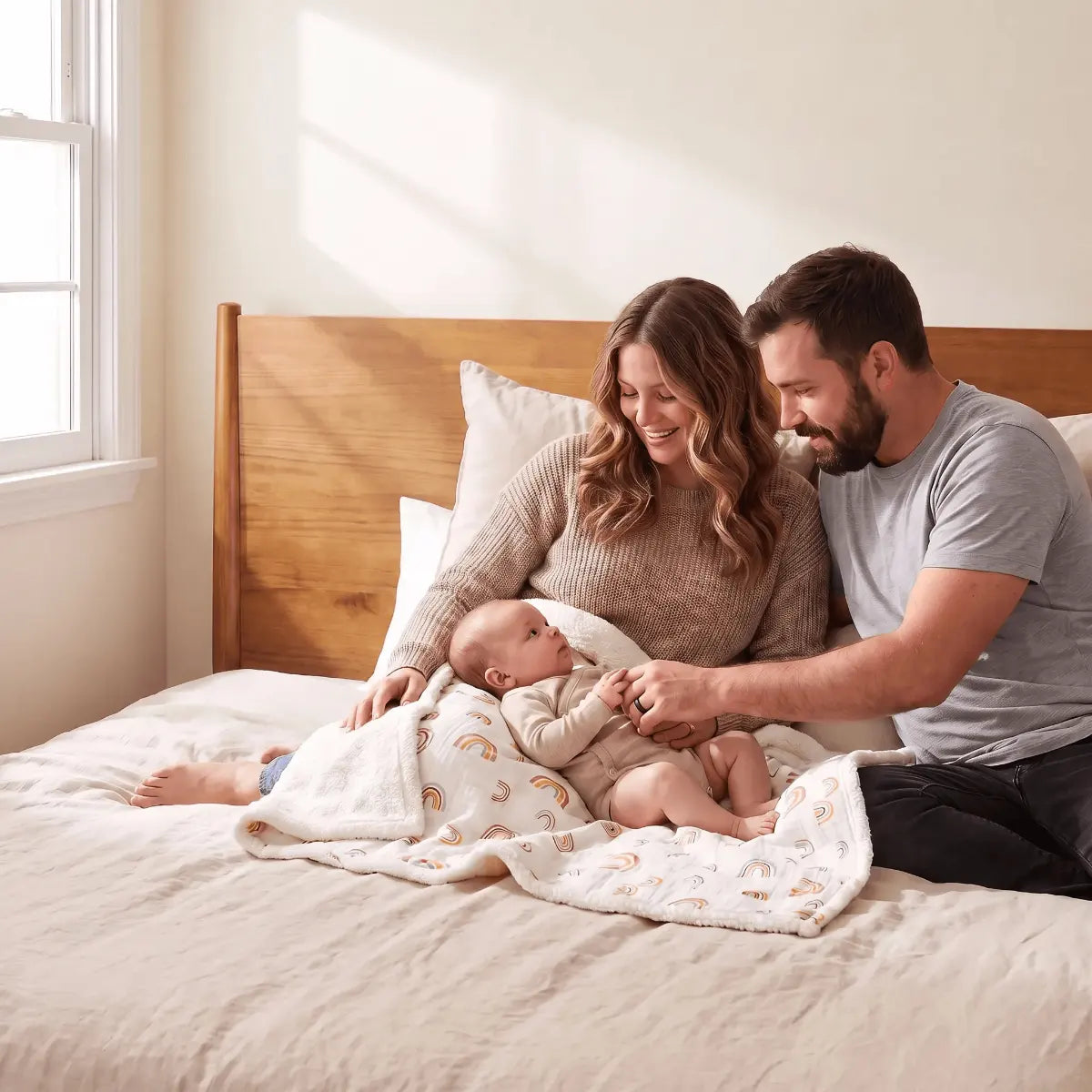 Parents with their newborn on a bed, baby wrapped in a printed muslin swaddle