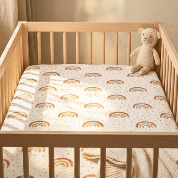 Patterned cot sheet sunbeam print in warm neutral tones
