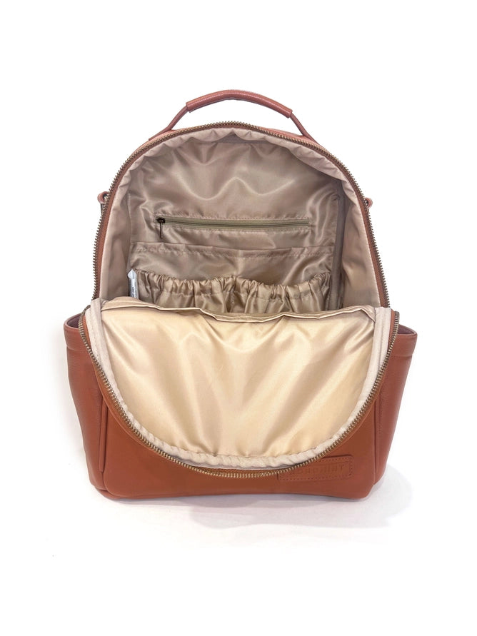 Vegan leather Alder backpack in warm tan tone with interchangeable strap system