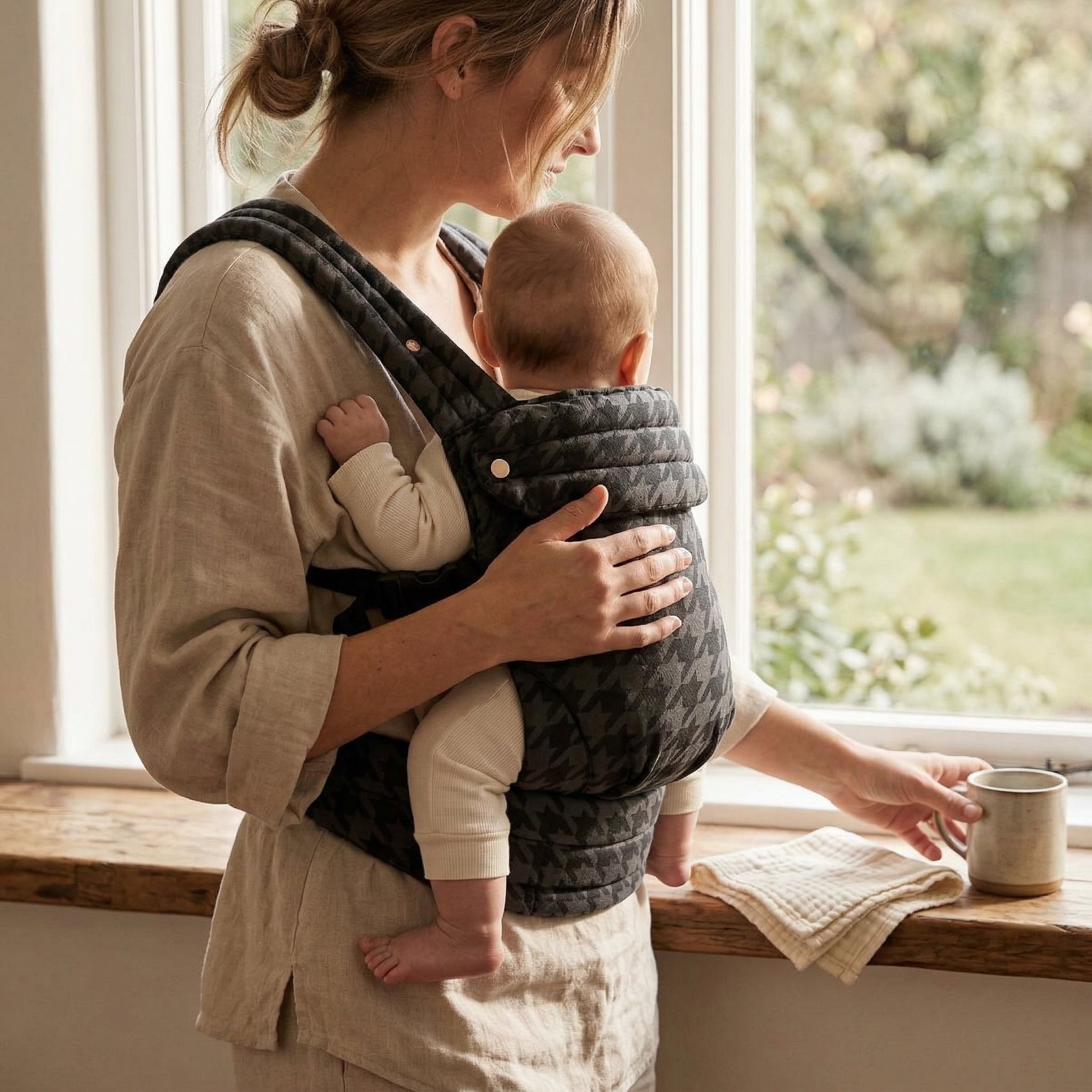 Storm grey baby carrier worn outdoors structured ergonomic fit
