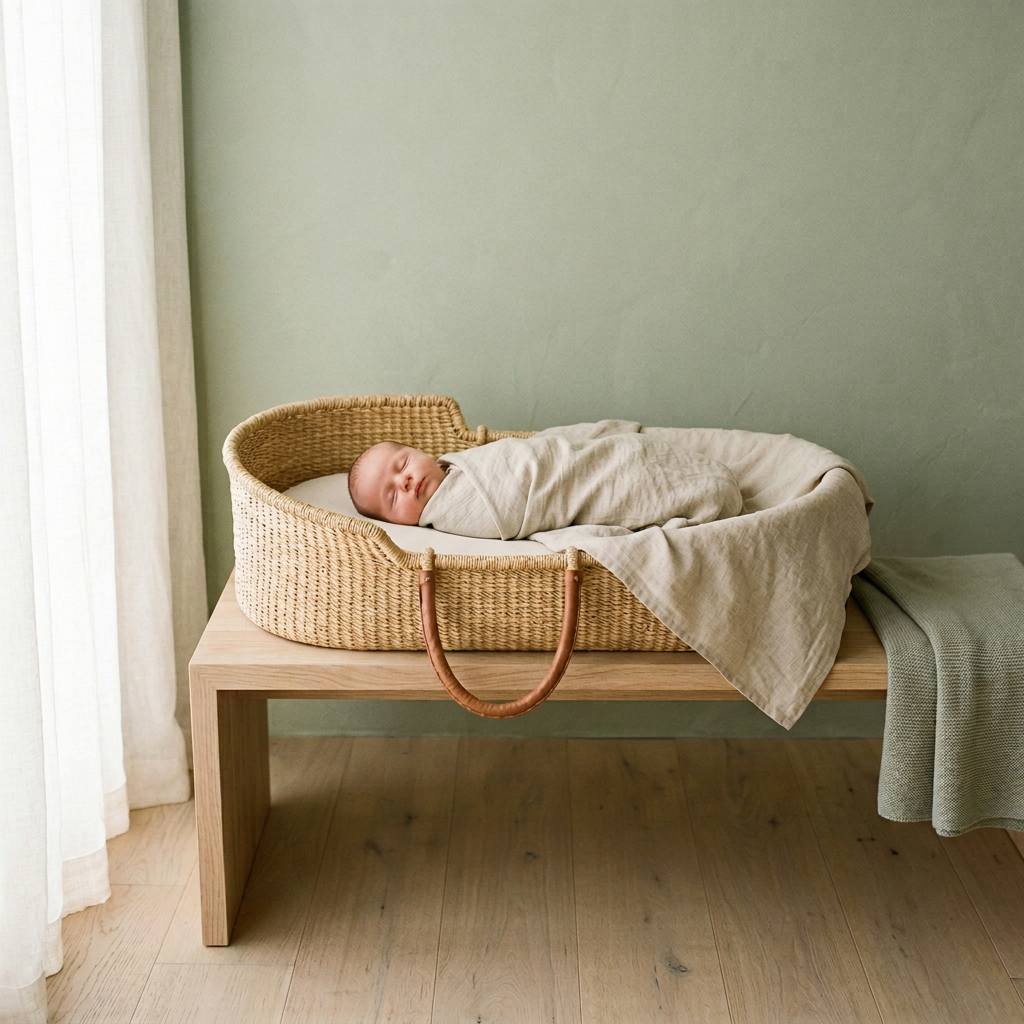 Newborn baby sleeping in a woven bassinet against a green wall.