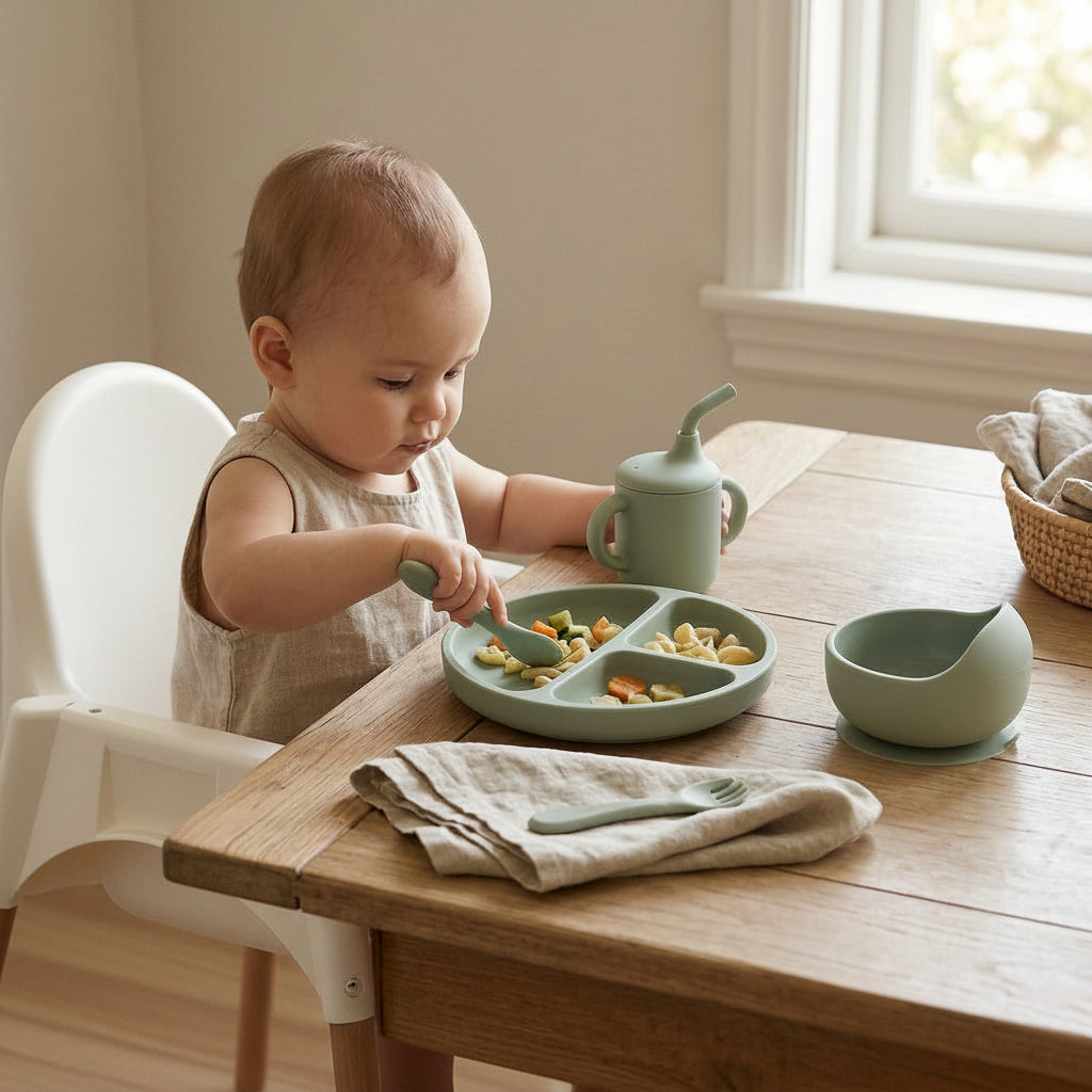 Sage green silicone baby dining set with utensils and plate
