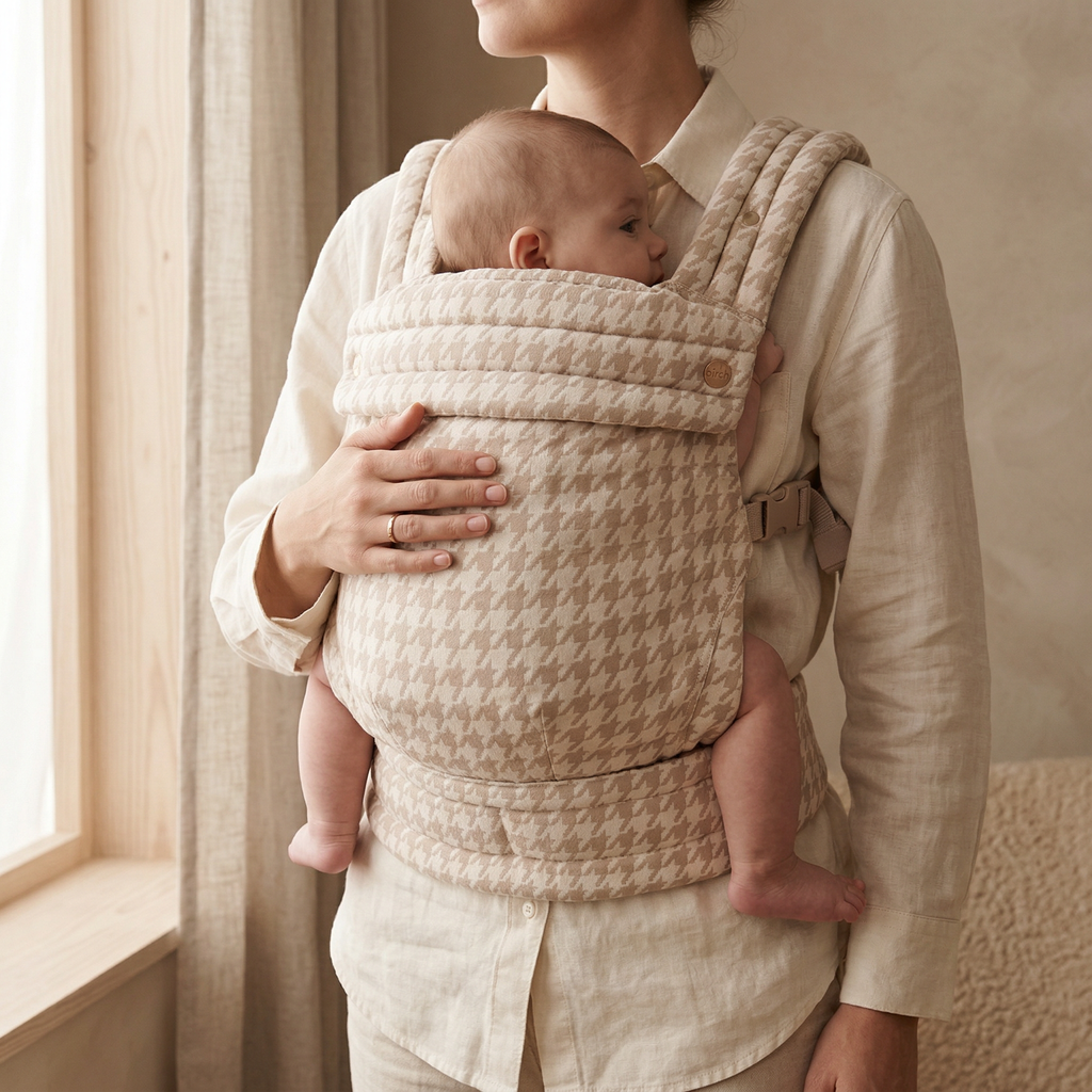 Birch baby carrier worn in front carry position neutral fabric