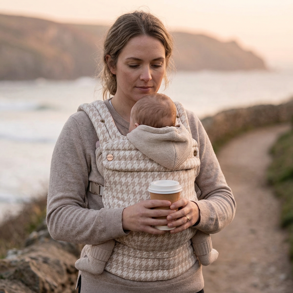 Birch baby carrier worn in front carry position neutral fabric