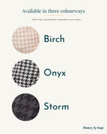 Ergonomic baby carrier colourway swatches: Birch, Onyx and Storm - Honey & Sage