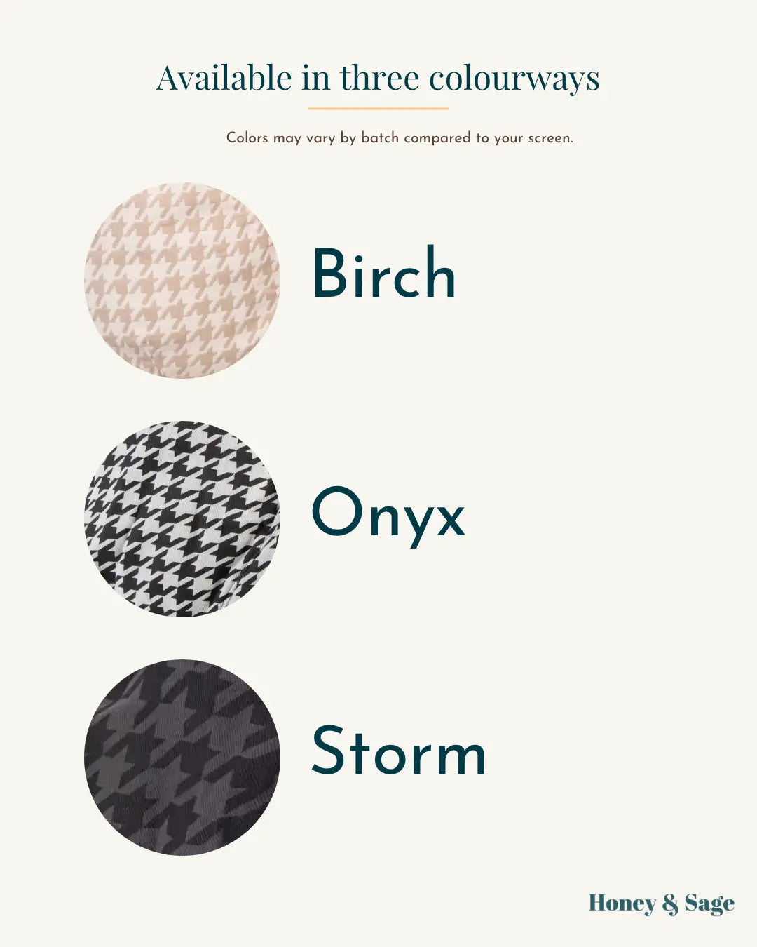 Ergonomic baby carrier colourway swatches: Birch, Onyx and Storm - Honey & Sage