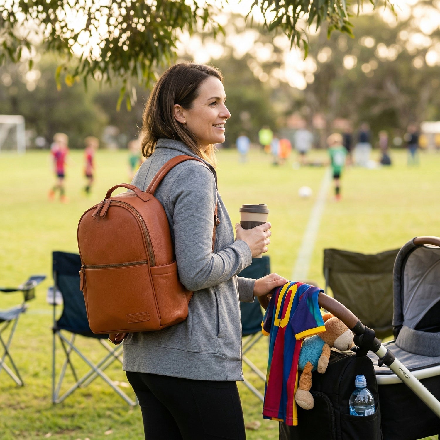 Tan nappy bag backpack — The Alder by Honey & Sage with interchangeable strap system