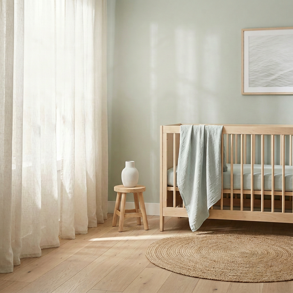 Nursery room with wooden crib, stool, and framed artwork on a light green wall.