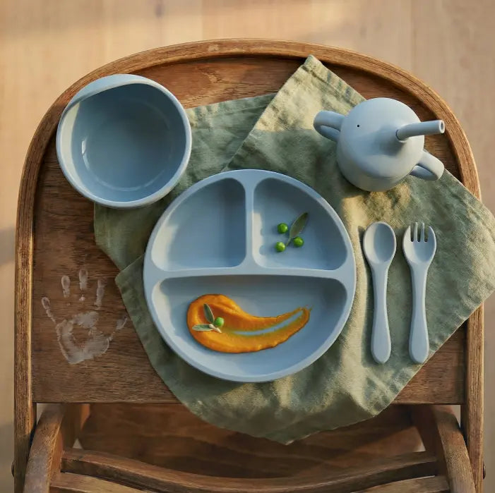 Blue silicone baby dining set with suction plate and spoon