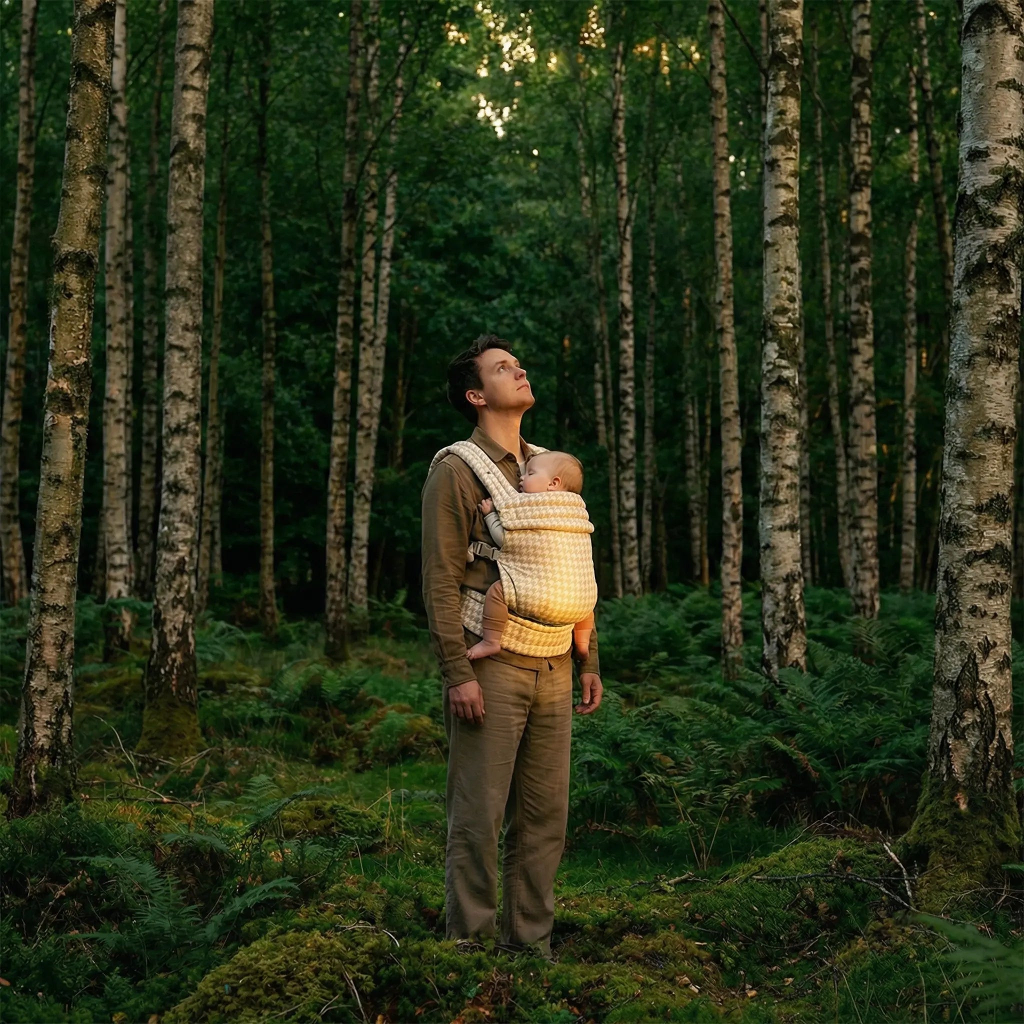 Birch baby carrier worn in front carry position neutral fabric