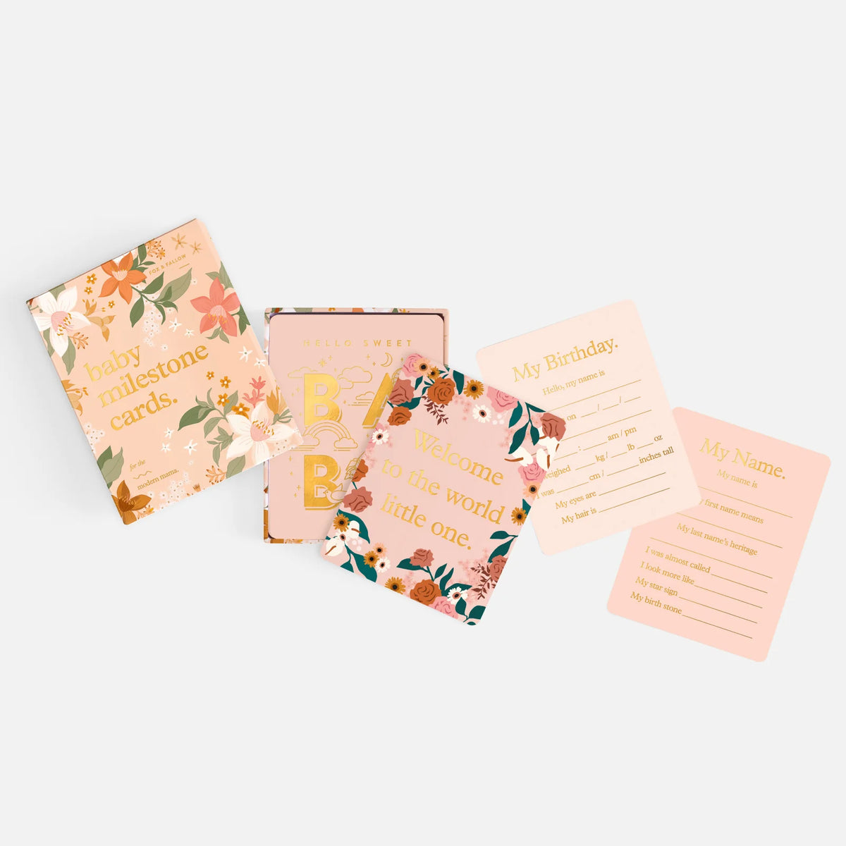 Floral baby milestone cards in gold foil keepsake box