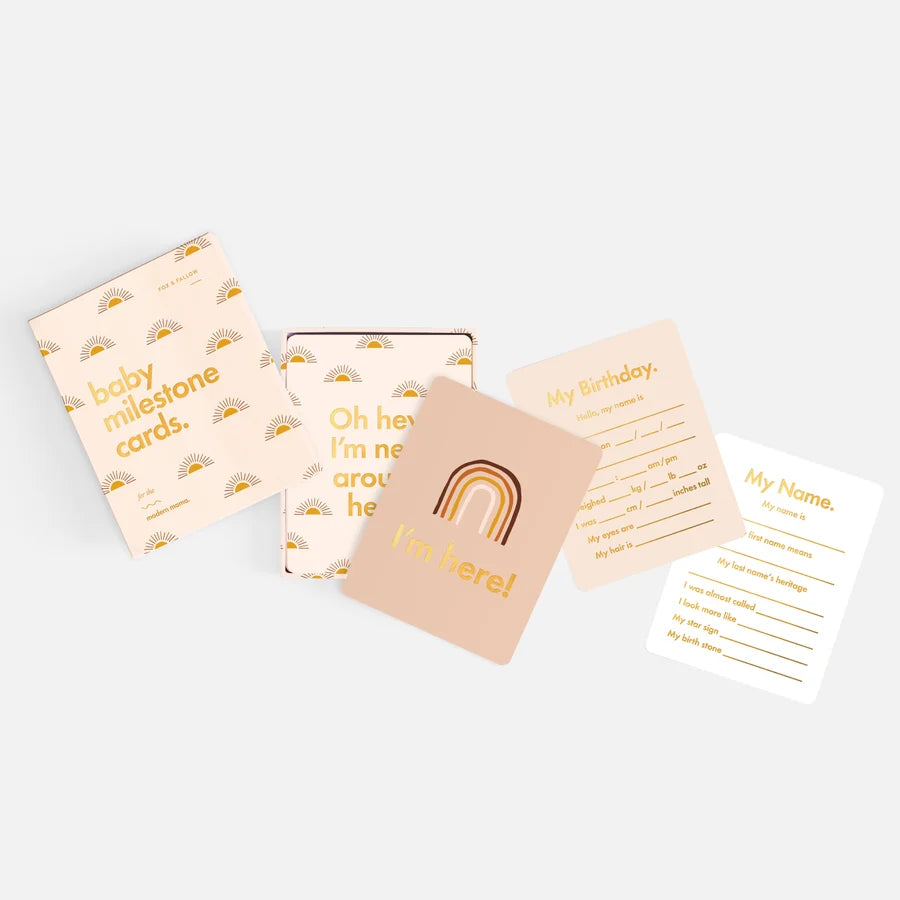 Boho baby milestone cards in gold foil keepsake box