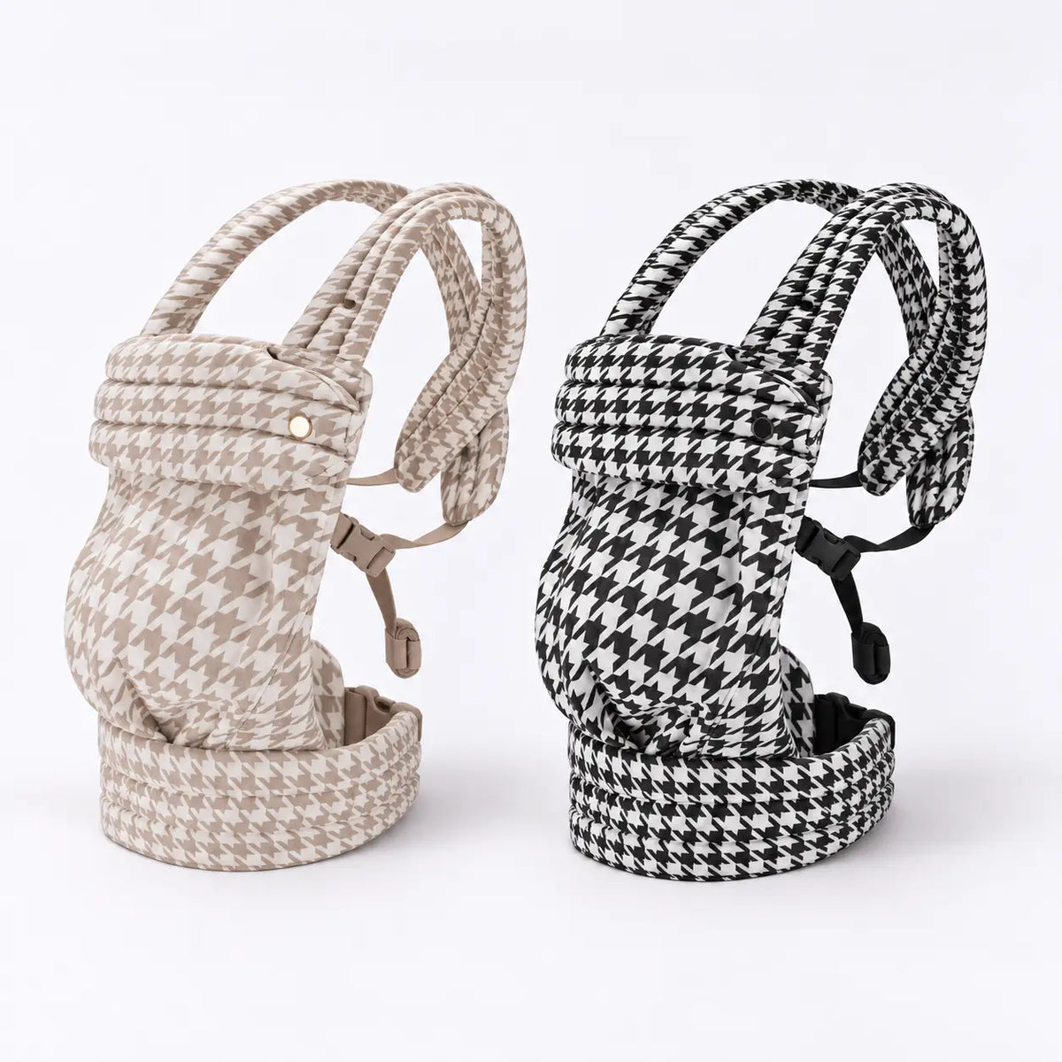 Ergonomic baby carriers in Birch and Onyx houndstooth, shown side by side