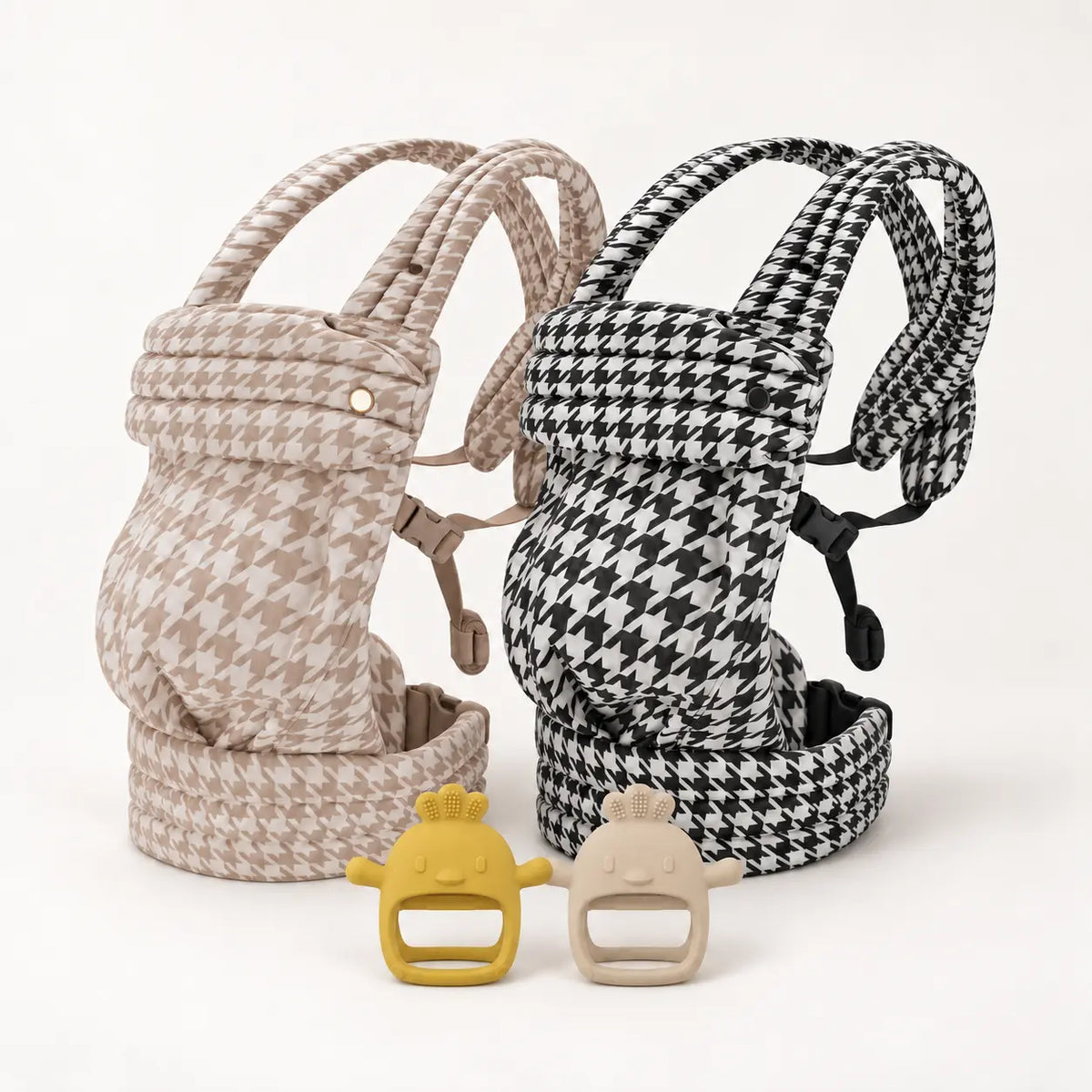 Carry and Soothe gift bundle with Birch and Onyx baby carriers and Nest silicone teethers