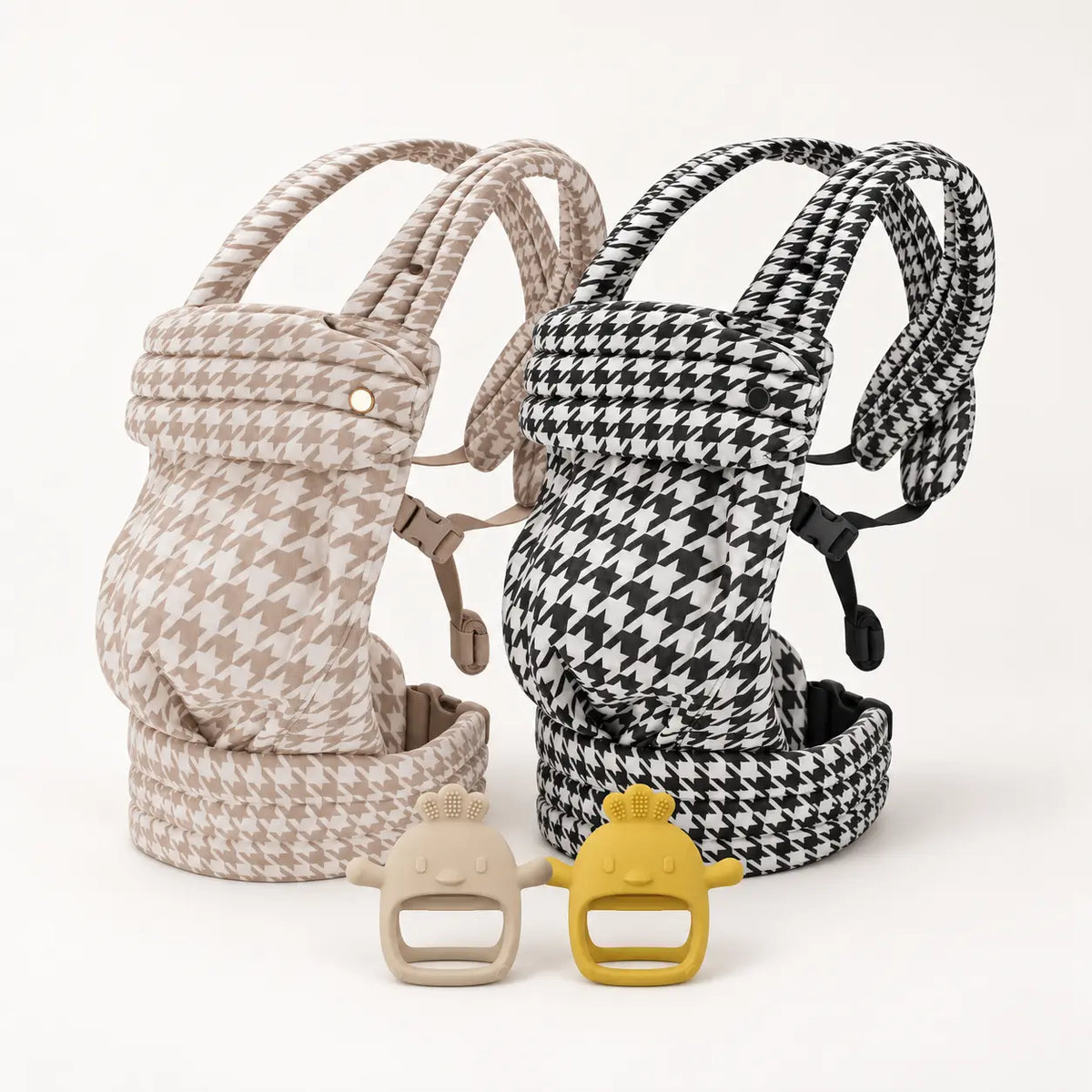 Carry and Soothe gift bundle, baby carriers in Birch and Onyx with two silicone teethers