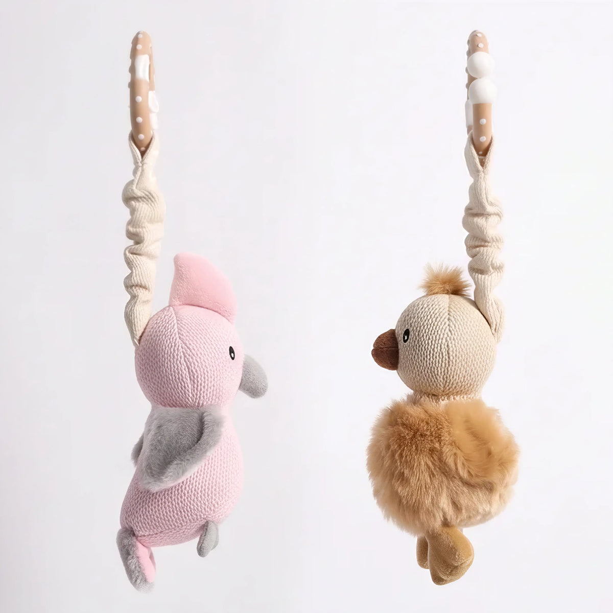 Cotton knit baby rattle and pram toy set, Cleo and Pip (view 2)