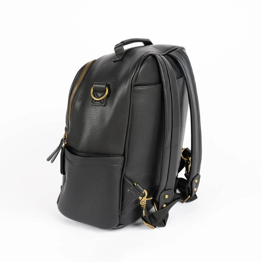Black vegan leather Flint backpack with interchangeable strap system