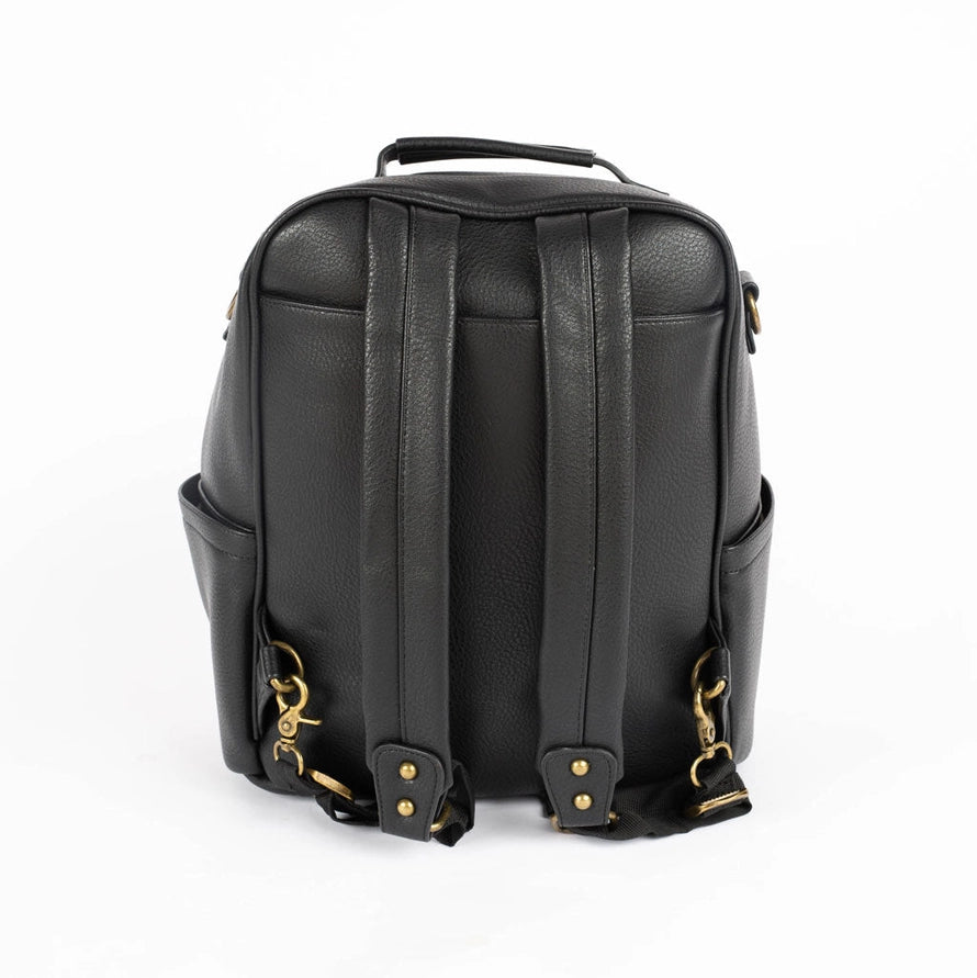 Black vegan leather Flint backpack with interchangeable strap system