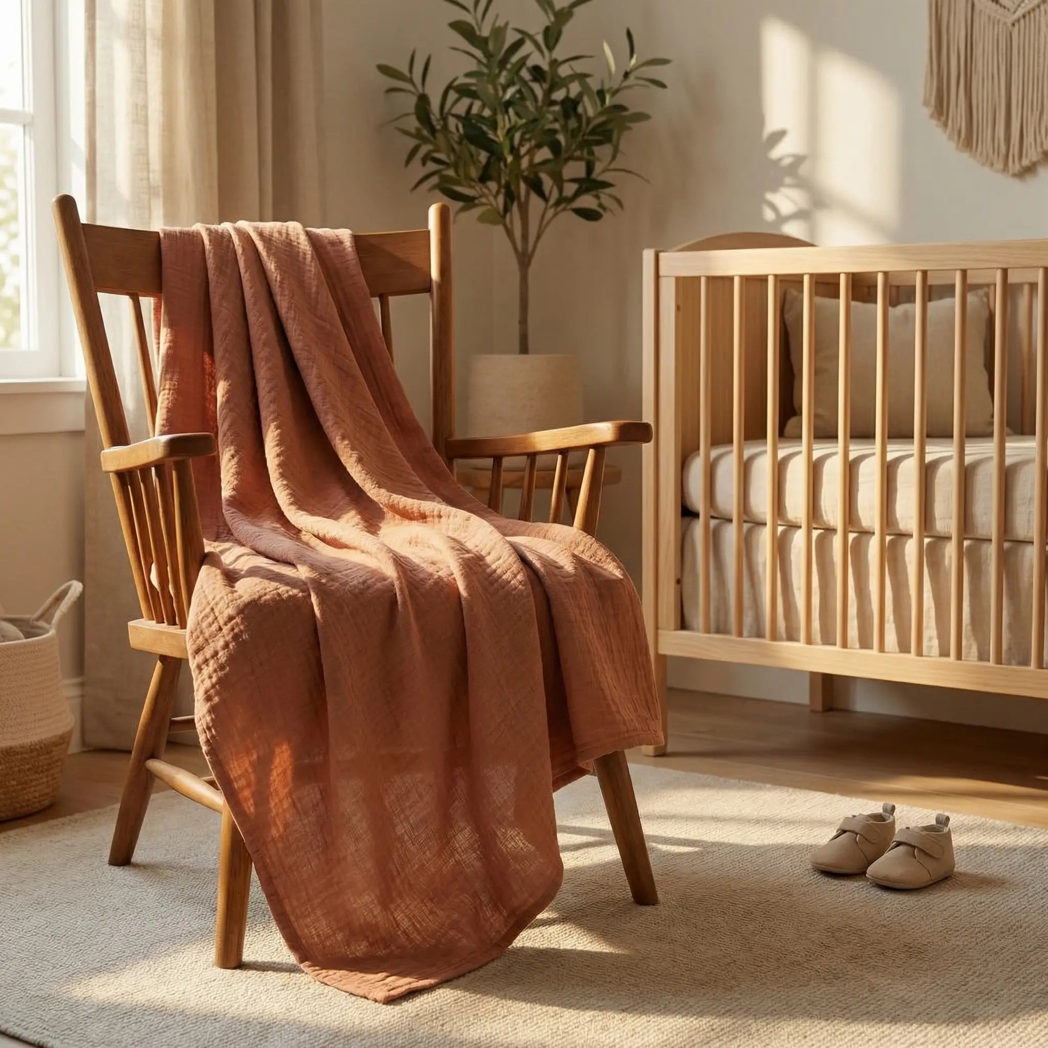 Terracotta baby swaddle blanket warm toned breathable fabric
