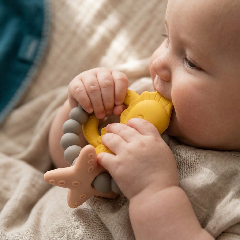 Silicone baby teether with textured silicone beads in golden sand tones