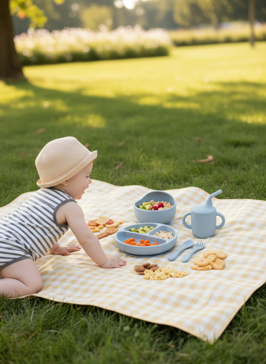 Child sitting on a picnic blanket with food and utensils in a park in Harbour blue