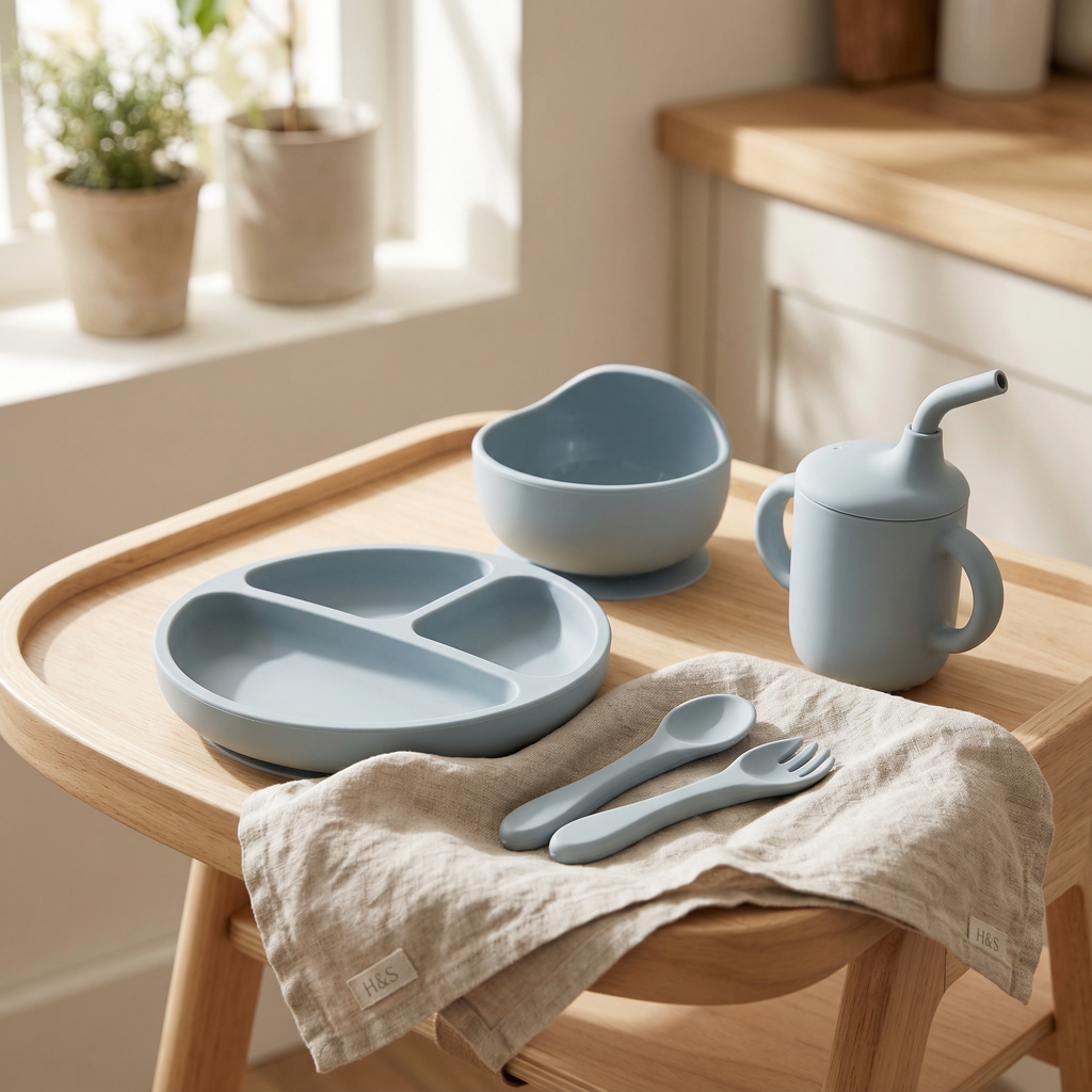 Children's tableware dining set in Harbour blue including a plate, bowl, cup, and utensils on a wooden tray.