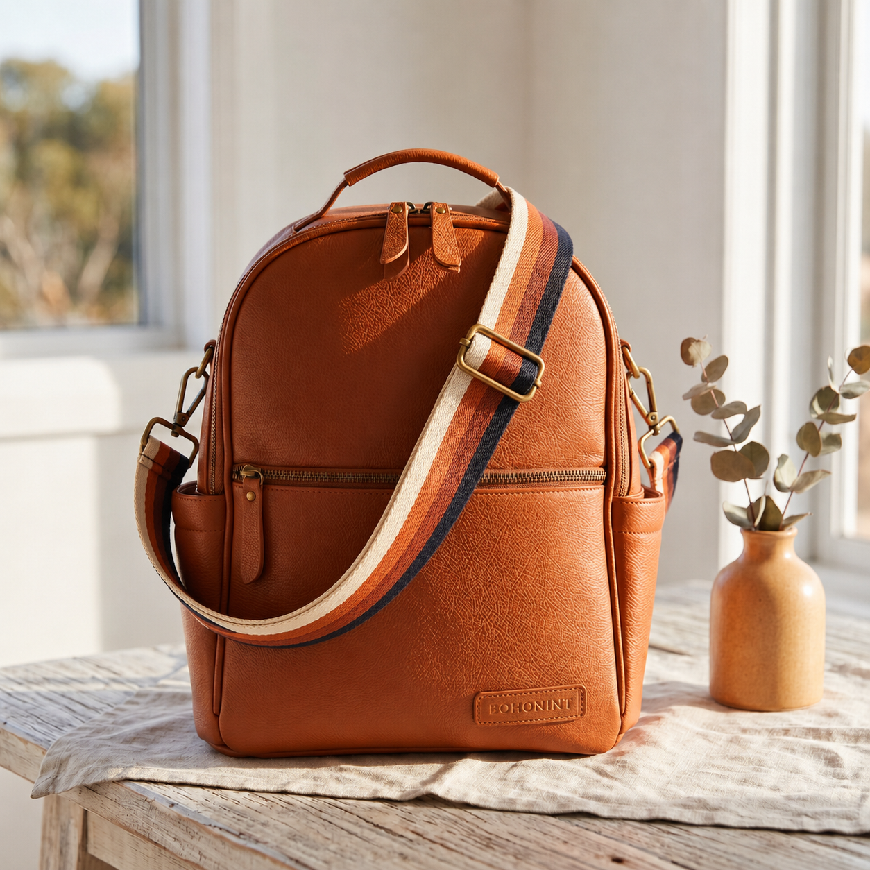 Vegan leather Alder backpack in warm tan tone with interchangeable strap system