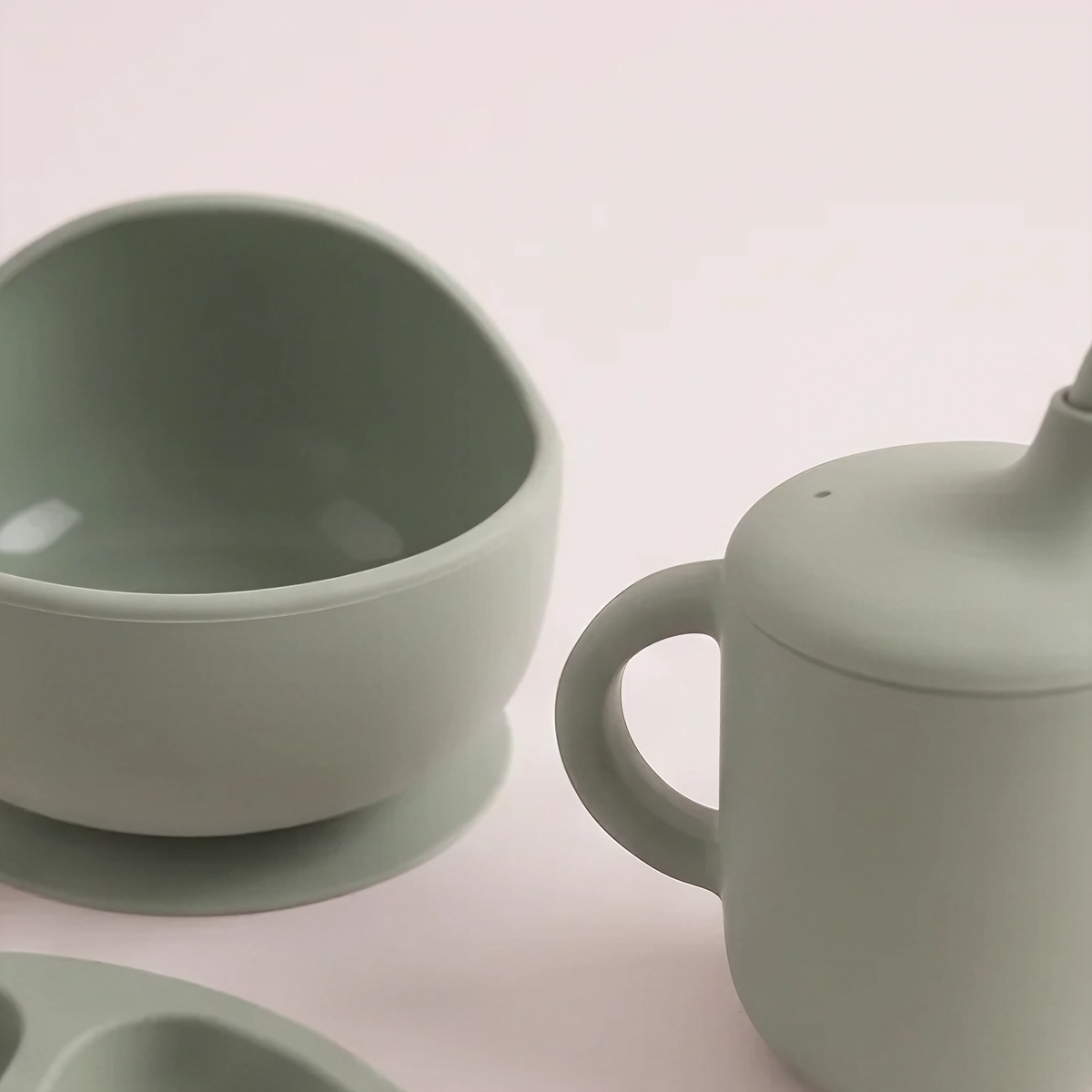 5 piece baby silicone feeing set in Sage (green) with suction plate, sippy cup, suction bowl, fork and spoon