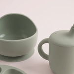 5 piece baby silicone feeing set in Sage (green) with suction plate, sippy cup, suction bowl, fork and spoon