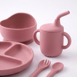 5 piece baby silicone feeing set in Rosewood (blush pink) with suction plate, sippy cup, suction bowl, fork and spoon