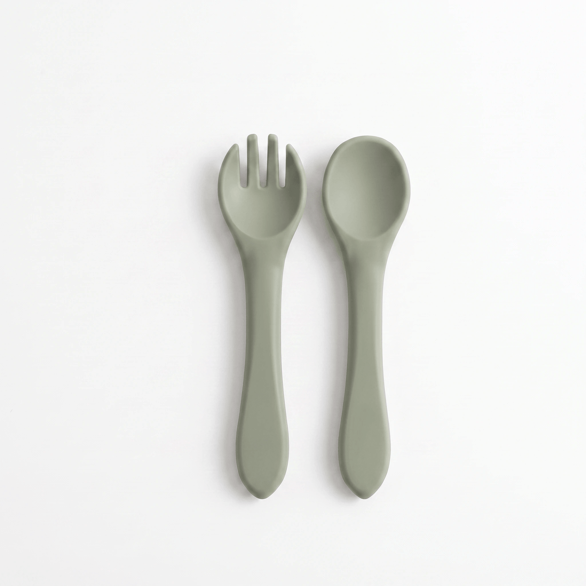 Silicone baby utensils set in Sage (green) – spoon and fork