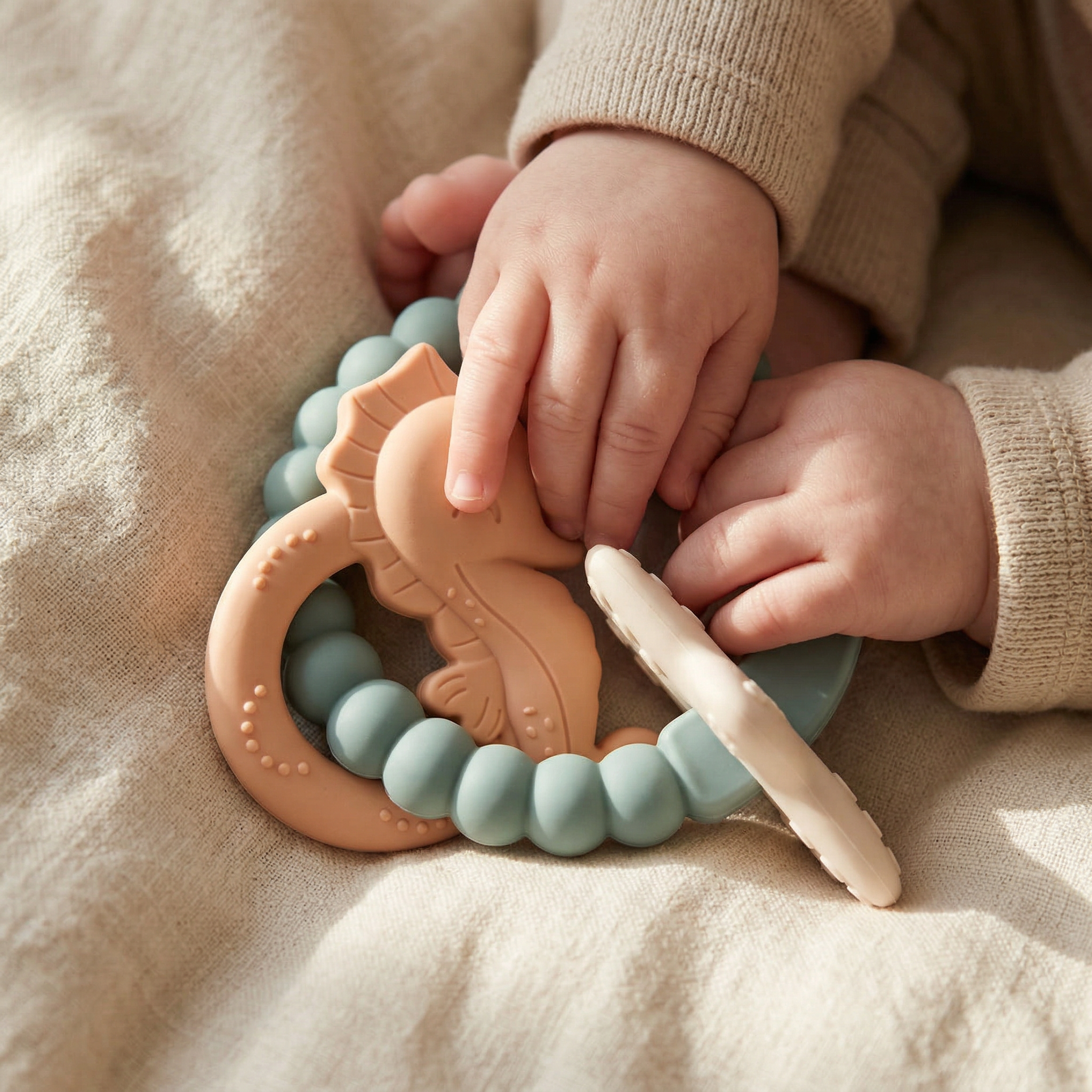 Muted green and peach silicone and wood baby teether 