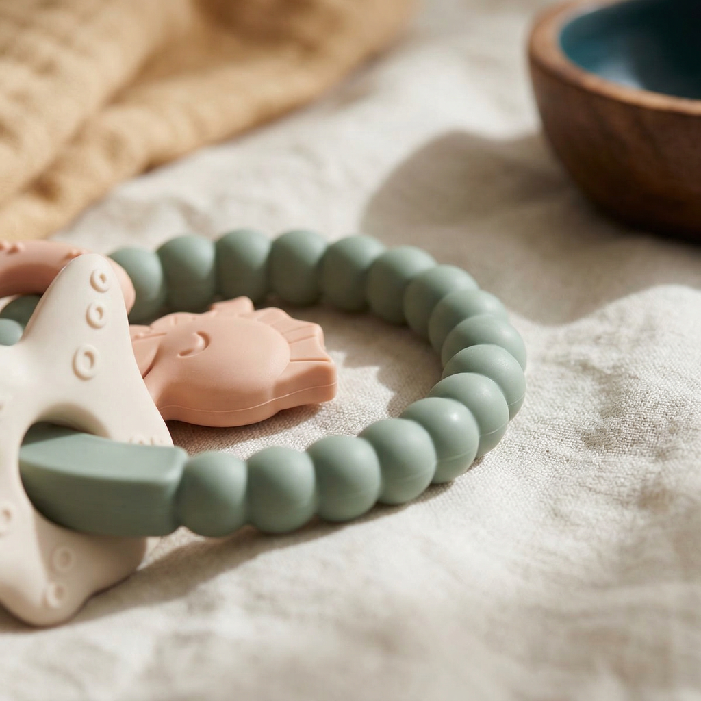 Muted green and peach silicone and wood baby teether 