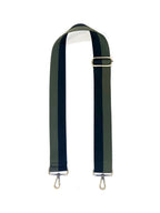 Green and navy bag strap with metal hardware on a white background