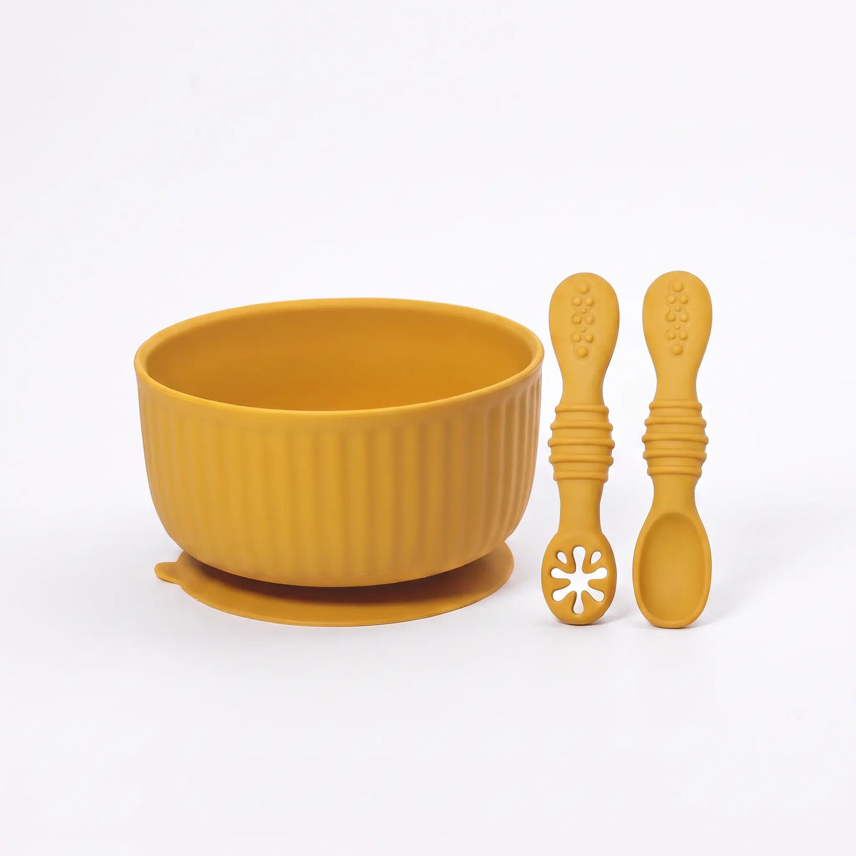 Ribbed silicone suction bowl and utensils set in Mustard Yellow