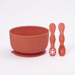 Ribbed silicone suction bowl and utensils set in Muted Clay