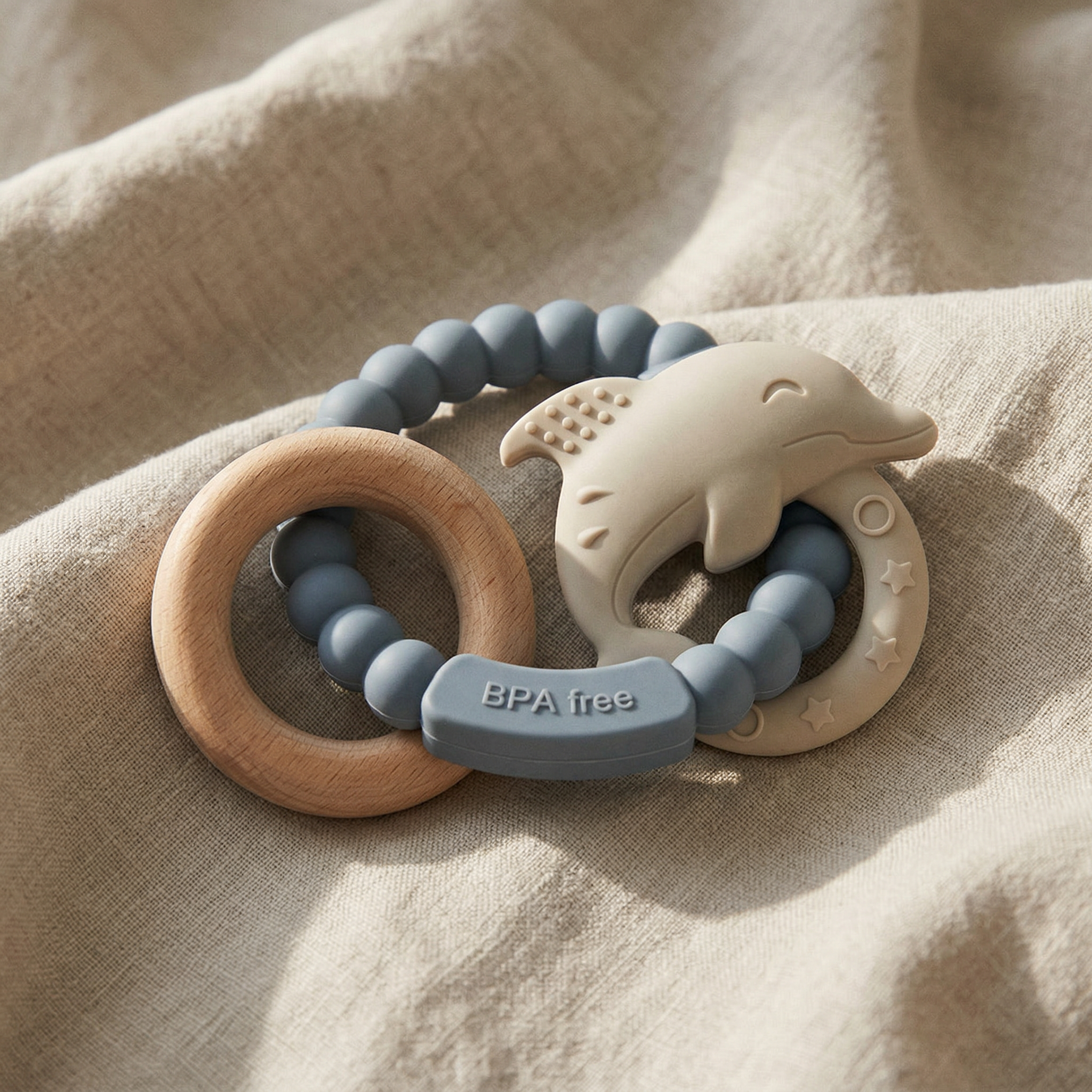 Muted blue silicone baby teether with beechwood ring
