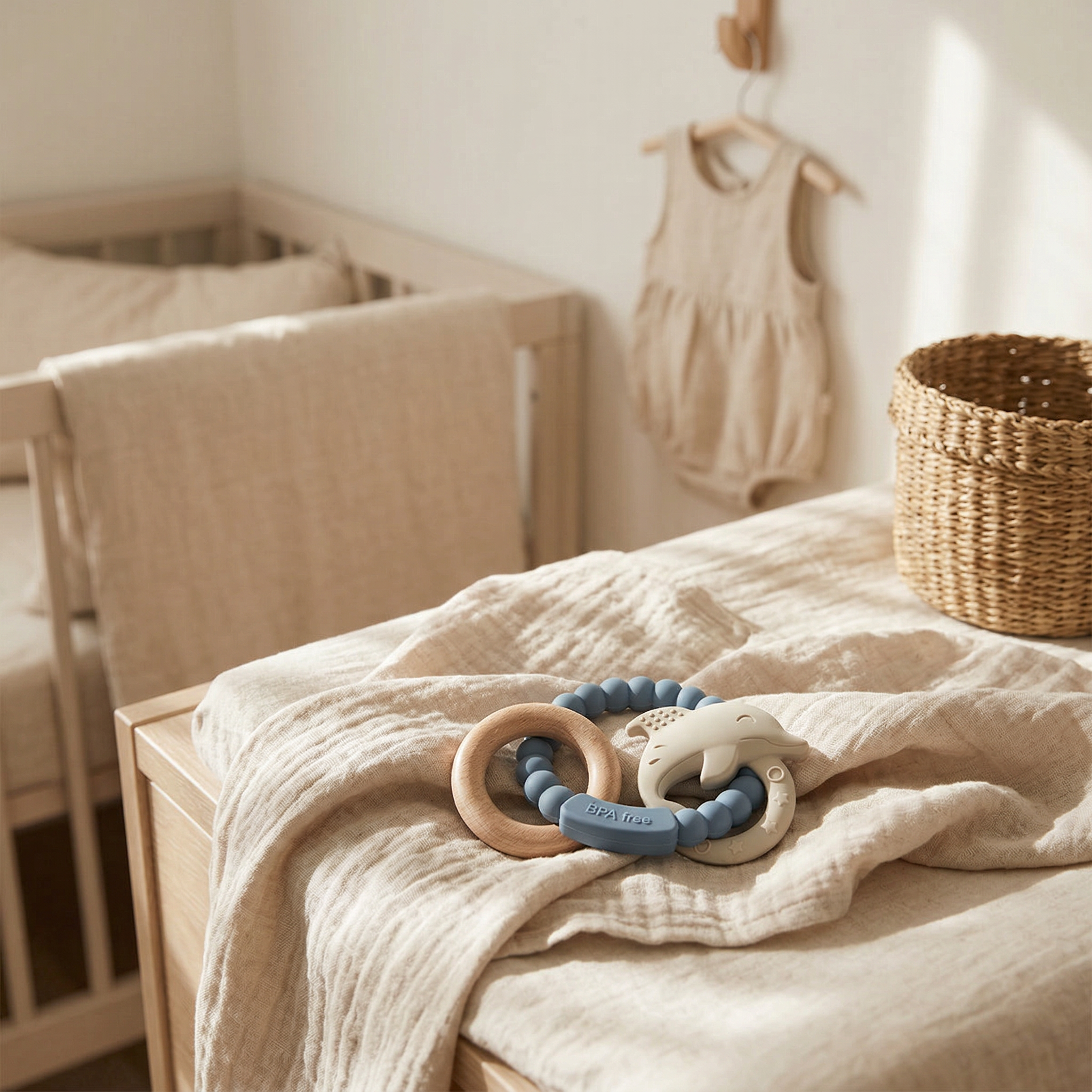 Muted blue silicone baby teether with beechwood ring