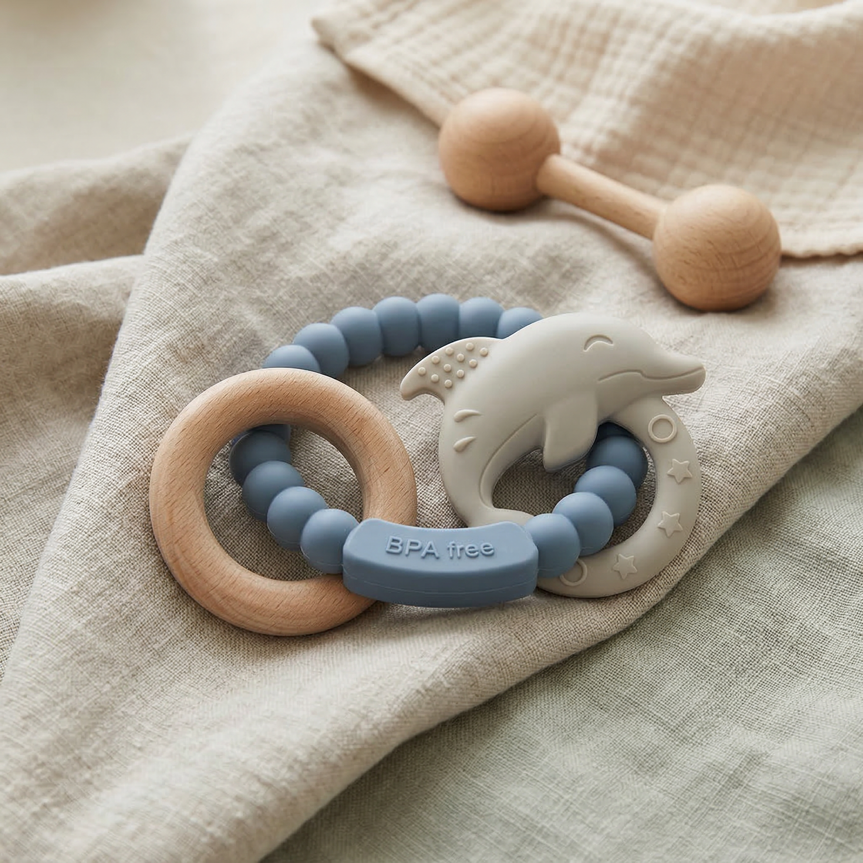 Muted blue silicone baby teether with beechwood ring