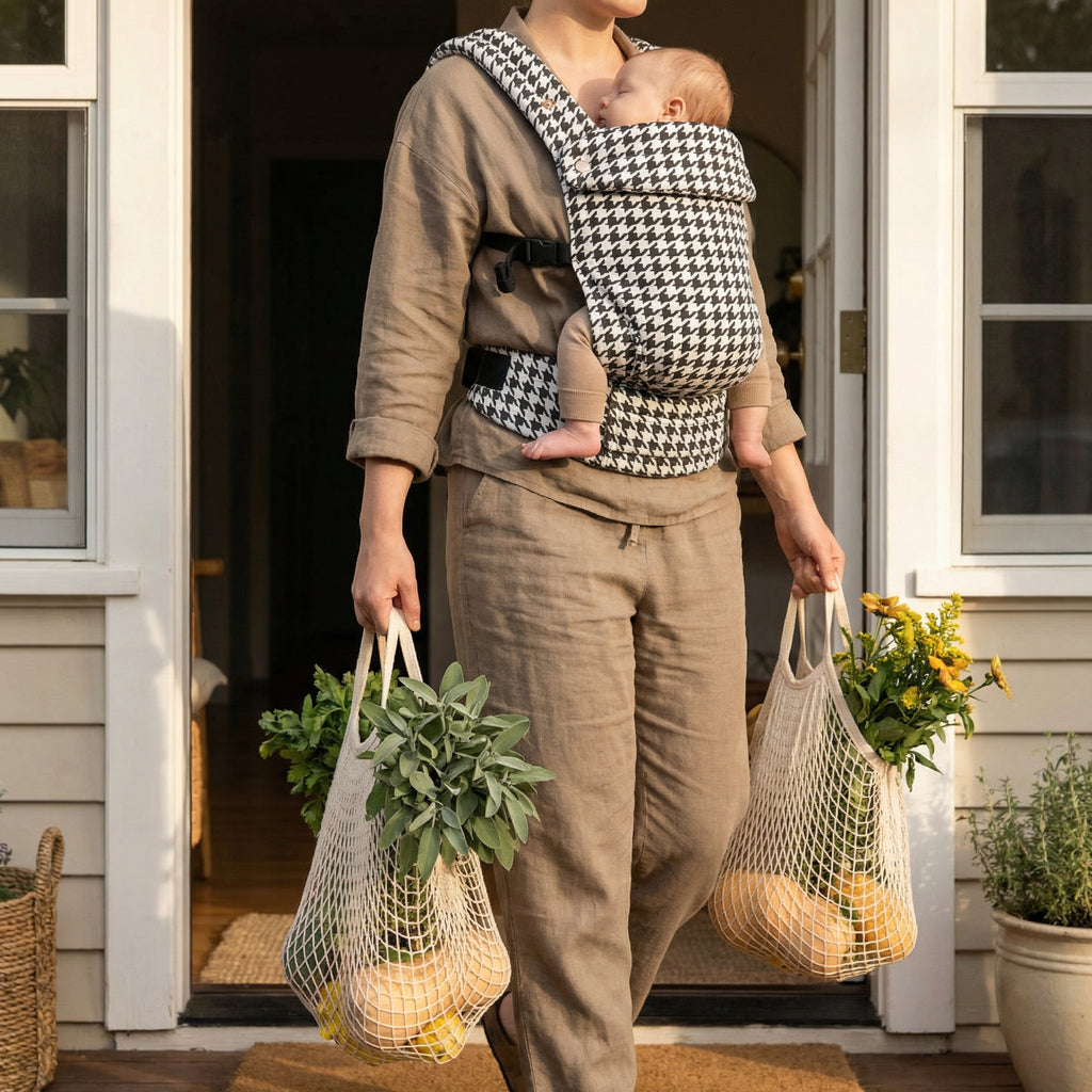 Black onyx baby carrier worn by parent ergonomic front carry