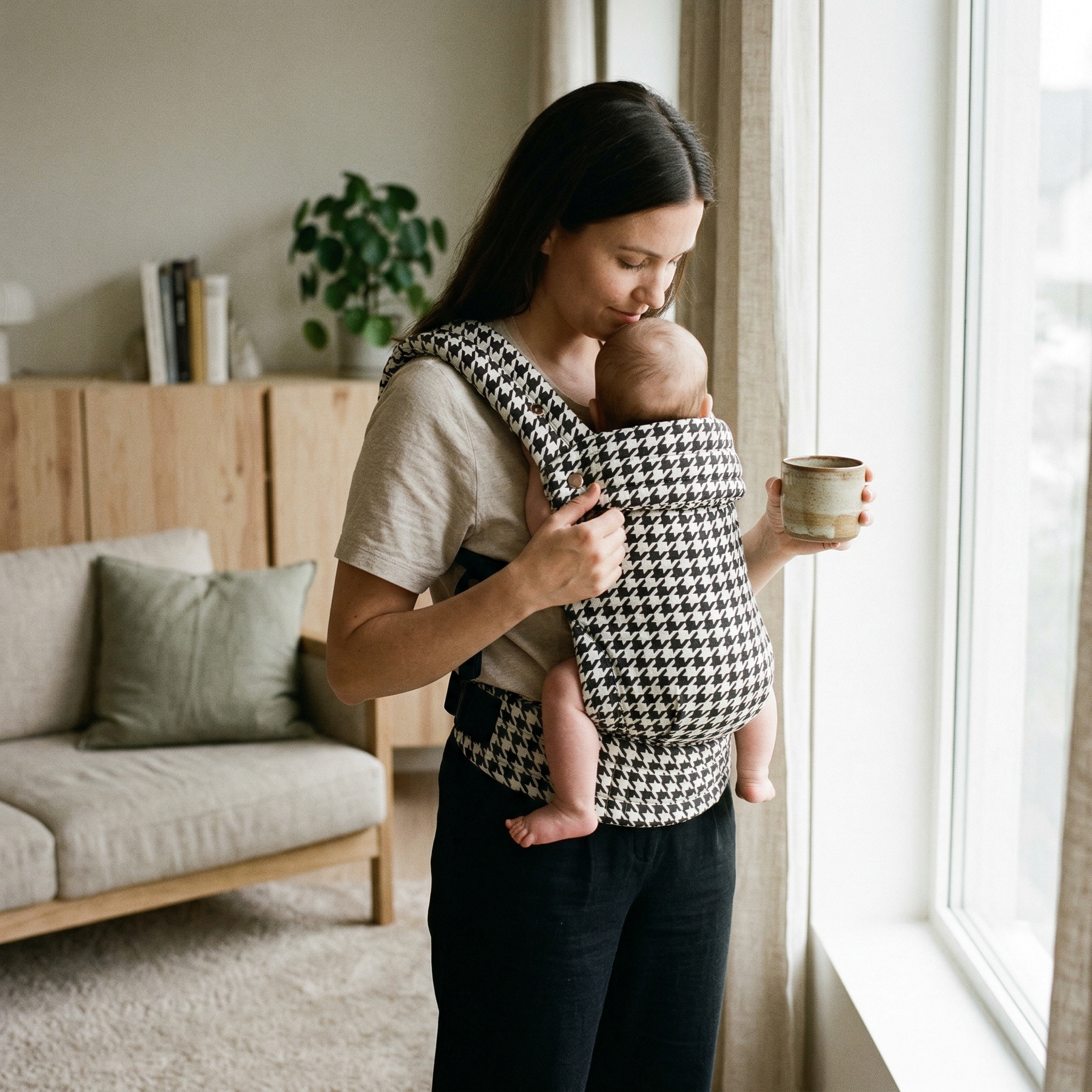 Black onyx baby carrier worn by parent ergonomic front carry