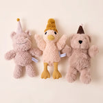 Plush baby soft toys Coco, Jemima and Arthur in party hats