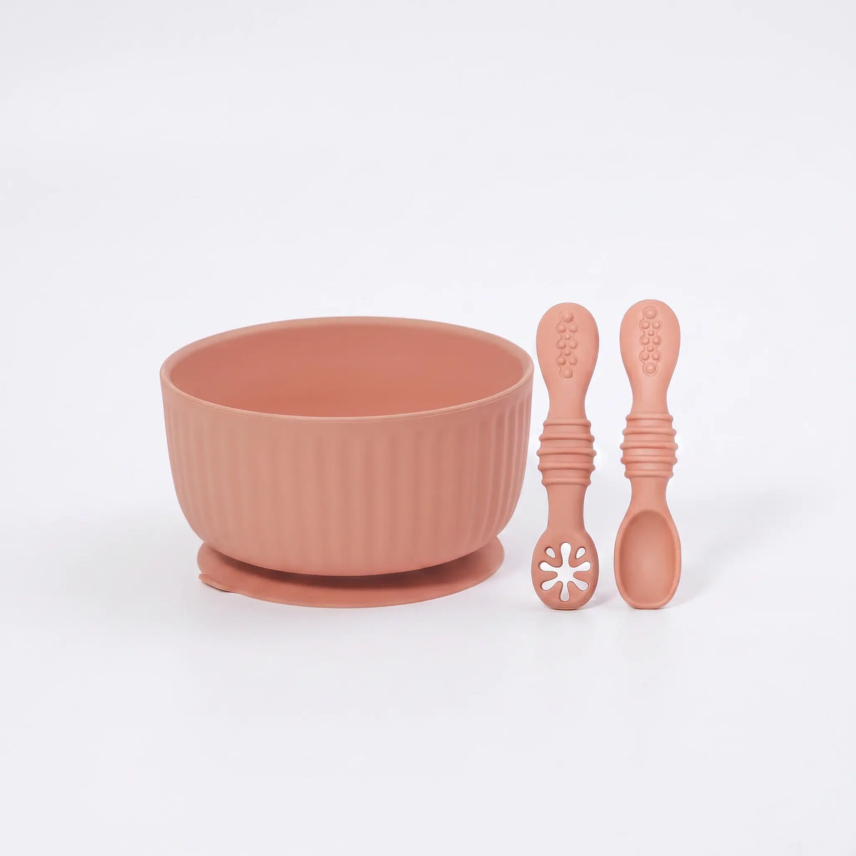 Ribbed silicone suction bowl and utensils set in Raw Sienna