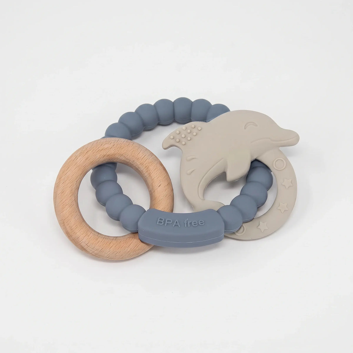 Reef silicone and beechwood baby teether in Ocean Stone