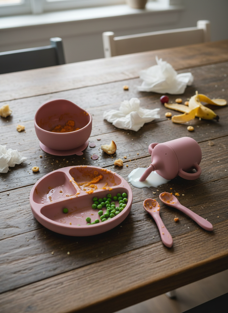 Rosewood pink children's dining set on a wooden table with food remnants