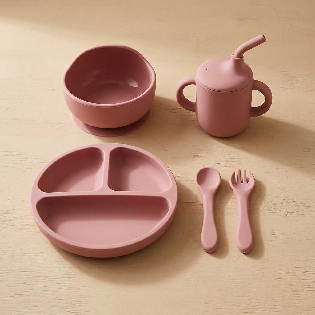 Rosewood toned silicone baby dining set with utensils, cup, bowl and plate
