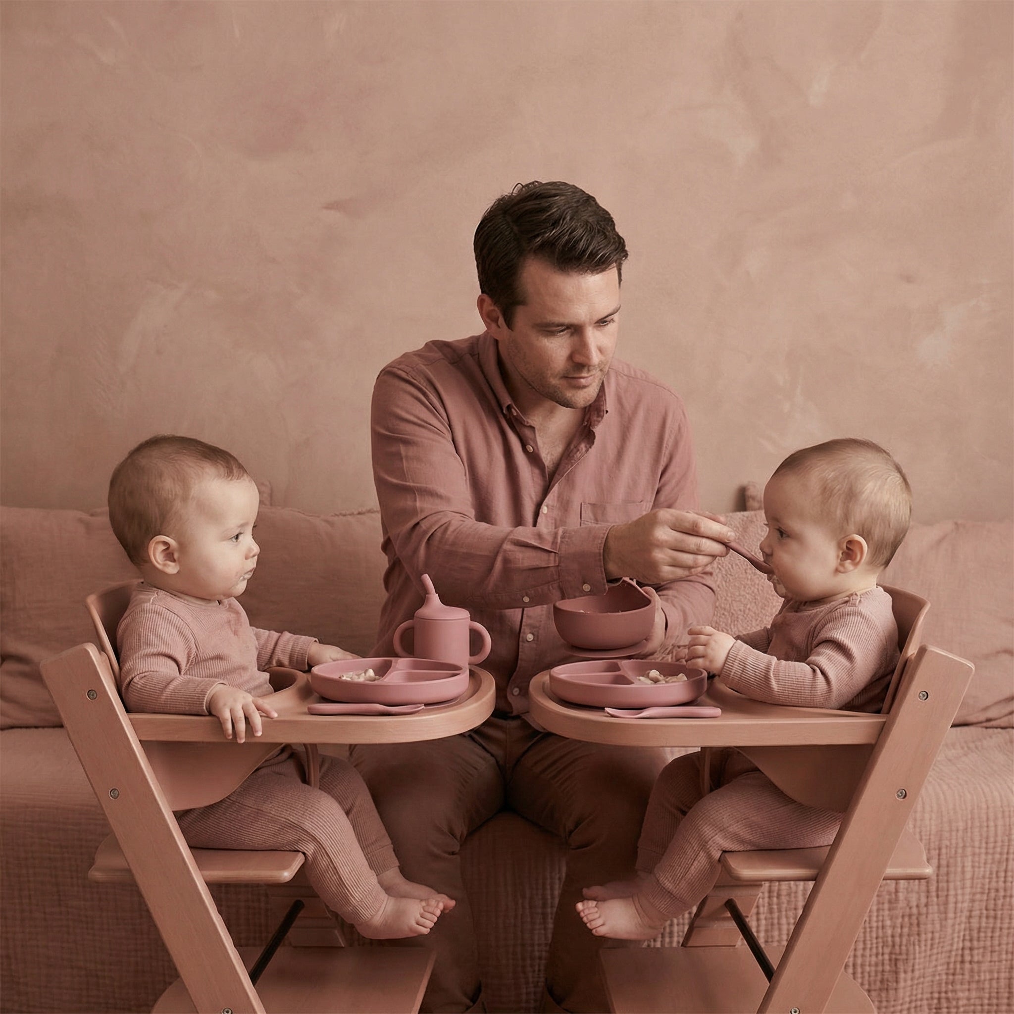 Rosewood toned silicone baby dining set with utensils, cup, bowl and plate