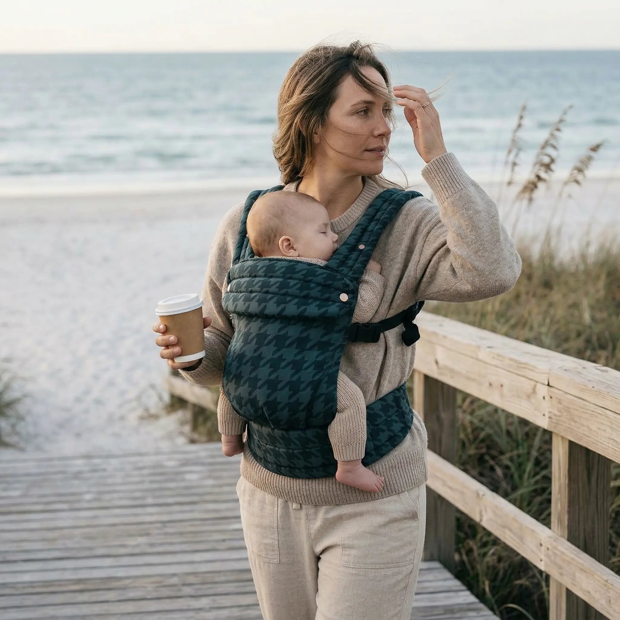 Storm grey baby carrier worn outdoors structured ergonomic fit