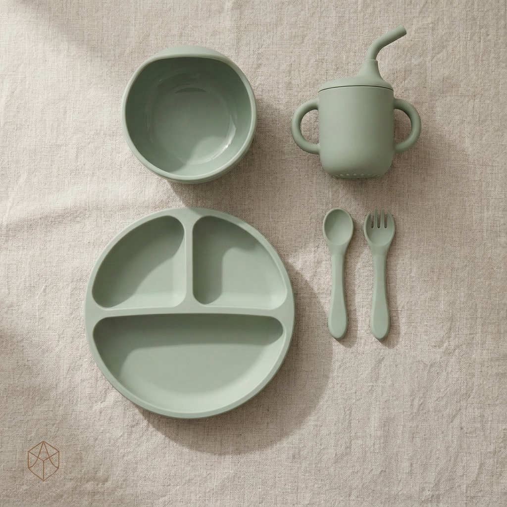Sage green silicone baby dining set with utensils, cup, bowl and plate